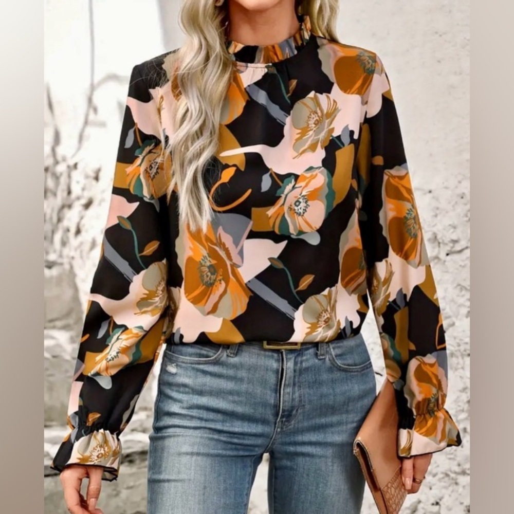 Gorgeous Flower Mock Neck Ruffle Sleeve Blouse
